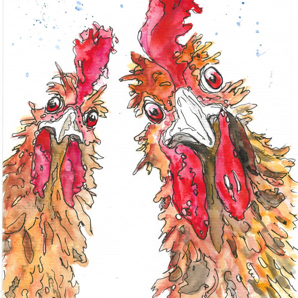 Two Roosters being curious, original painting