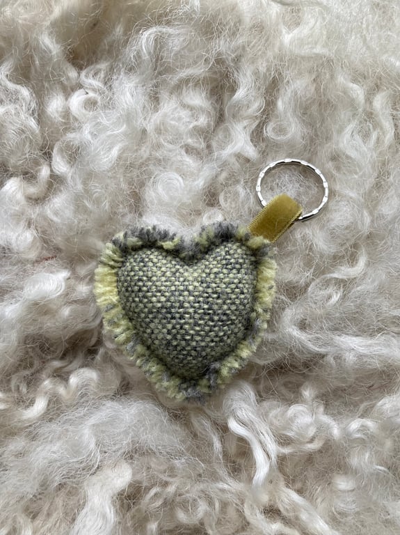 Heart Keyring - Pastel Yellow wool. Handwoven in Wales