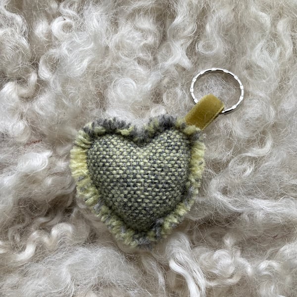 Heart Keyring - Pastel Yellow wool. Handwoven in Wales