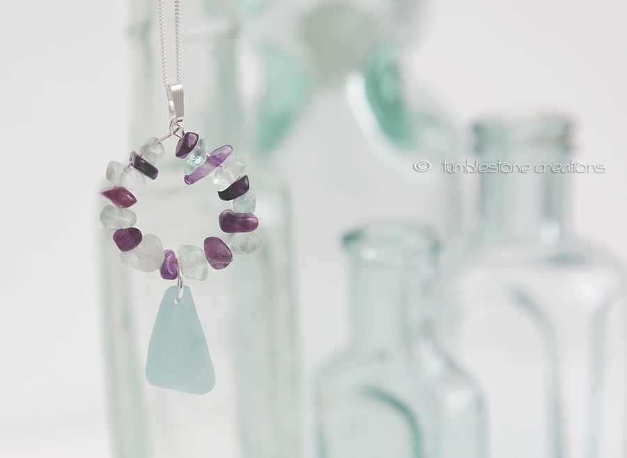 Welsh Aqua Sea glass and Rainbow Fluorite crystal Pendant