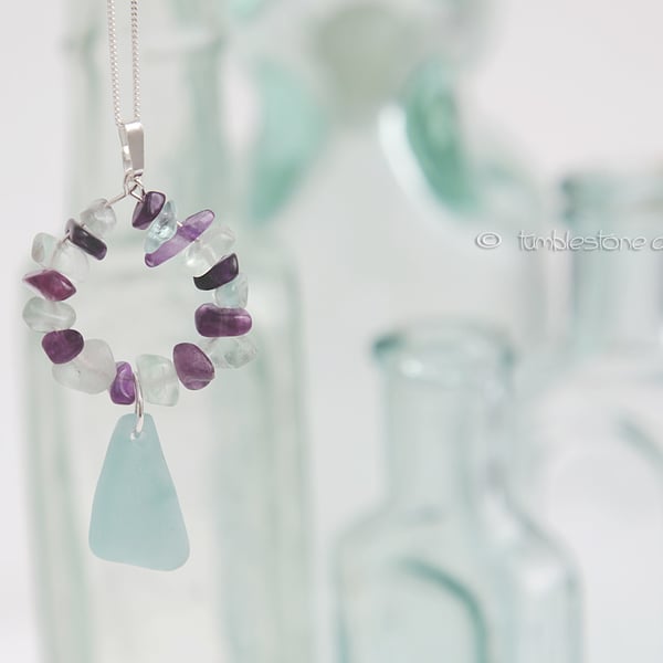 Welsh Aqua Sea glass and Rainbow Fluorite crystal Pendant