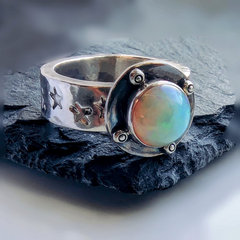 Liberty Star Sterling Silver Natural Opal Ring, Handmade Urban Design Jewellery