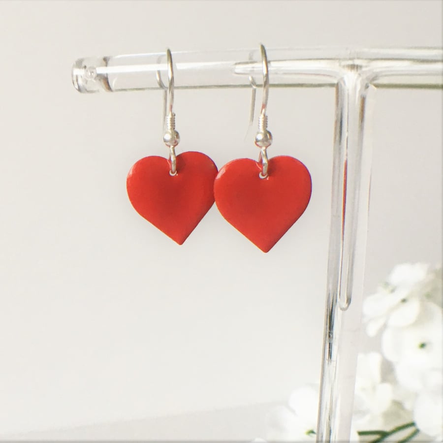 Red Heart Earrings. Enameled Copper with sterli... - Folksy