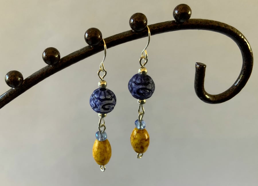 Denim Blue & Yellow Rustic Earrings.