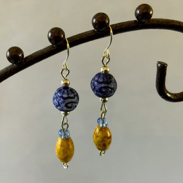 Denim Blue & Yellow Rustic Earrings.