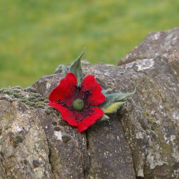 Red Felt Flower Brooch