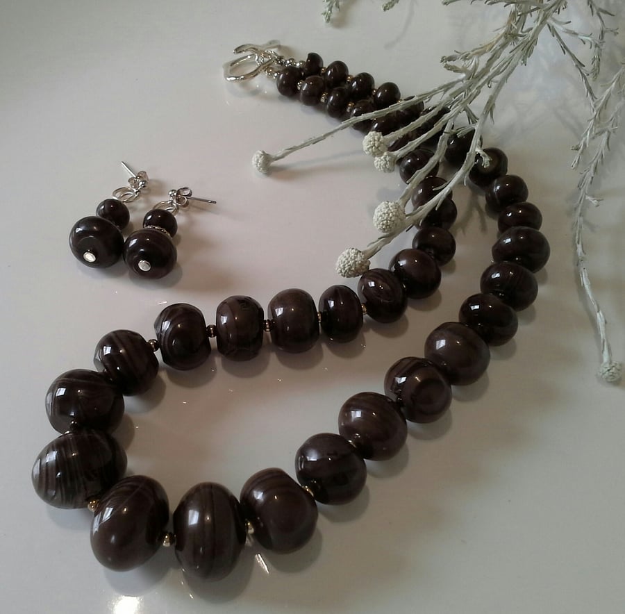 Chunky Chocolate Brown Jasper  Necklace & Stud Earrings Silver Plate Set