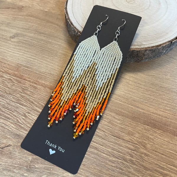 Long orange and cream Swarovski beaded fringe earrings 