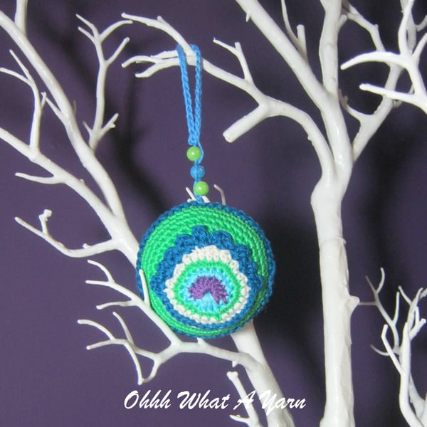 Green crochet peacock feather decoration, scissor keeper, pin cushion 