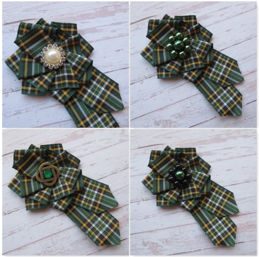 Irish National Tartan Ribbon Ruffle Rosette Mini Brooch Pin 