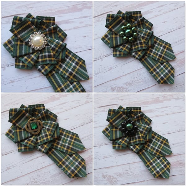 Irish National Tartan Ribbon Ruffle Rosette Mini Brooch Pin 