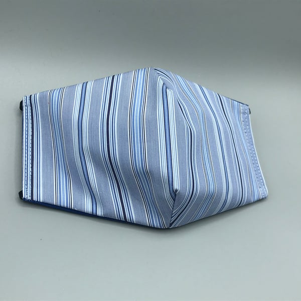 Blue Multi Striped Triple Layer Face Mask. Double Sided. Cotton Fabric.