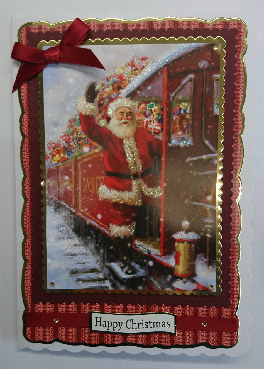 Handmade Christmas Card Santa on His Express Train Happy Christmas