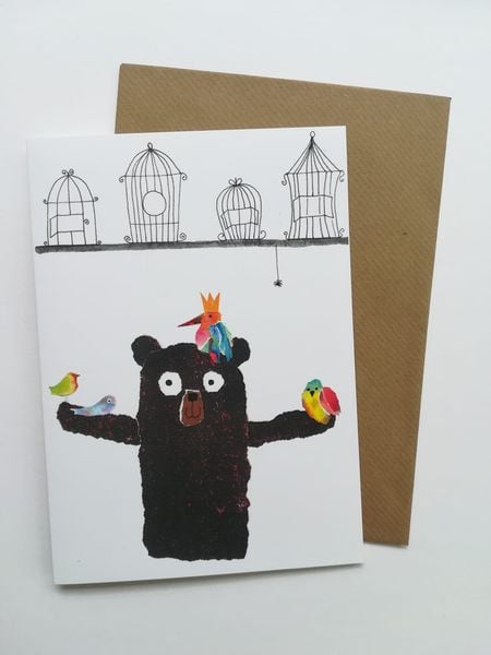 'Sweet Freedom' Bear and Bird Cages Blank Greetings Card