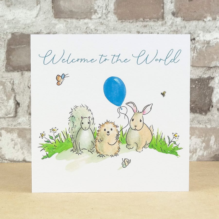 New Baby Card Animal Blue Balloon