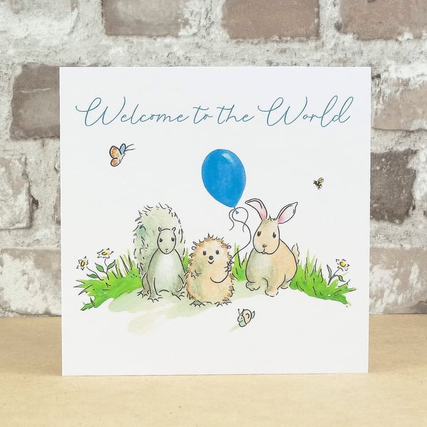 New Baby Card Animal Blue Balloon