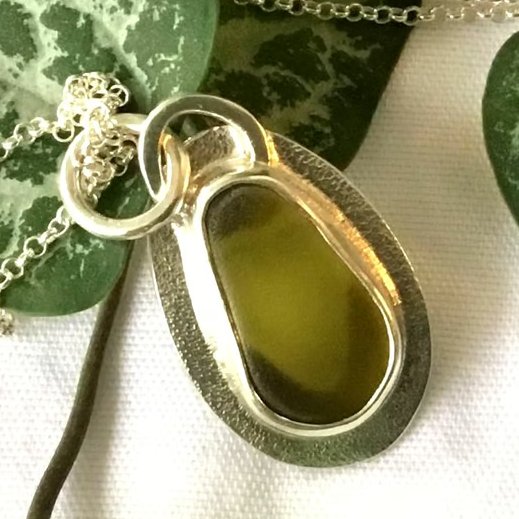 Handmade Olive Green Seaham Sea Glass Pendant –  Sterling Silver Necklace 