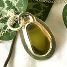 Handmade Olive Green Seaham Sea Glass Pendant –  Sterling Silver Necklace 