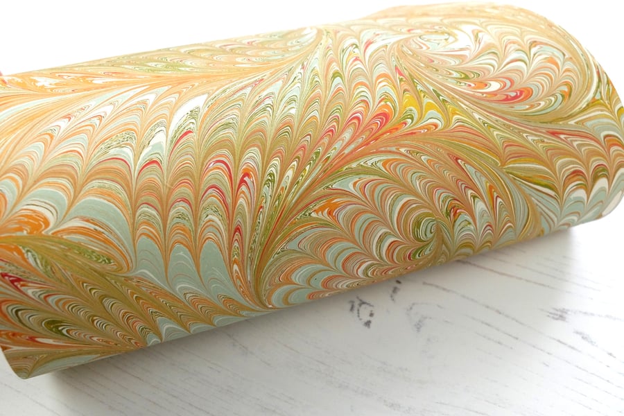 A4 Marbled paper sheet drawn nonpareil in green,  orange, pink and duck egg blue