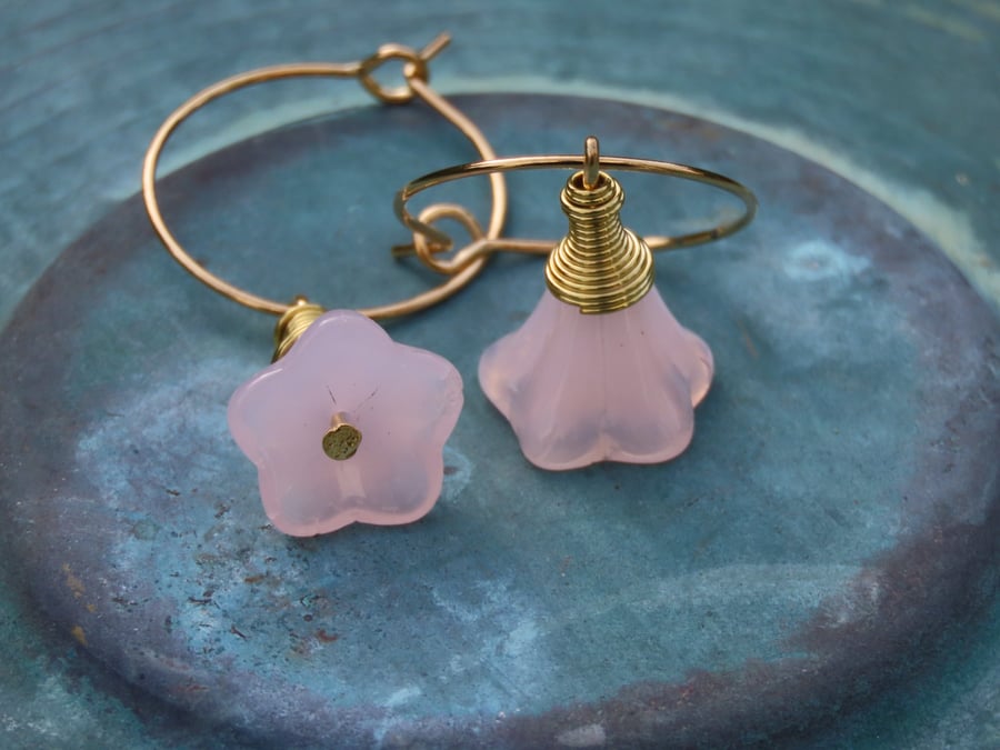 Pink Czech Glass Flowers Gold coil Gold Hoops Boho Drops Handmade Summer