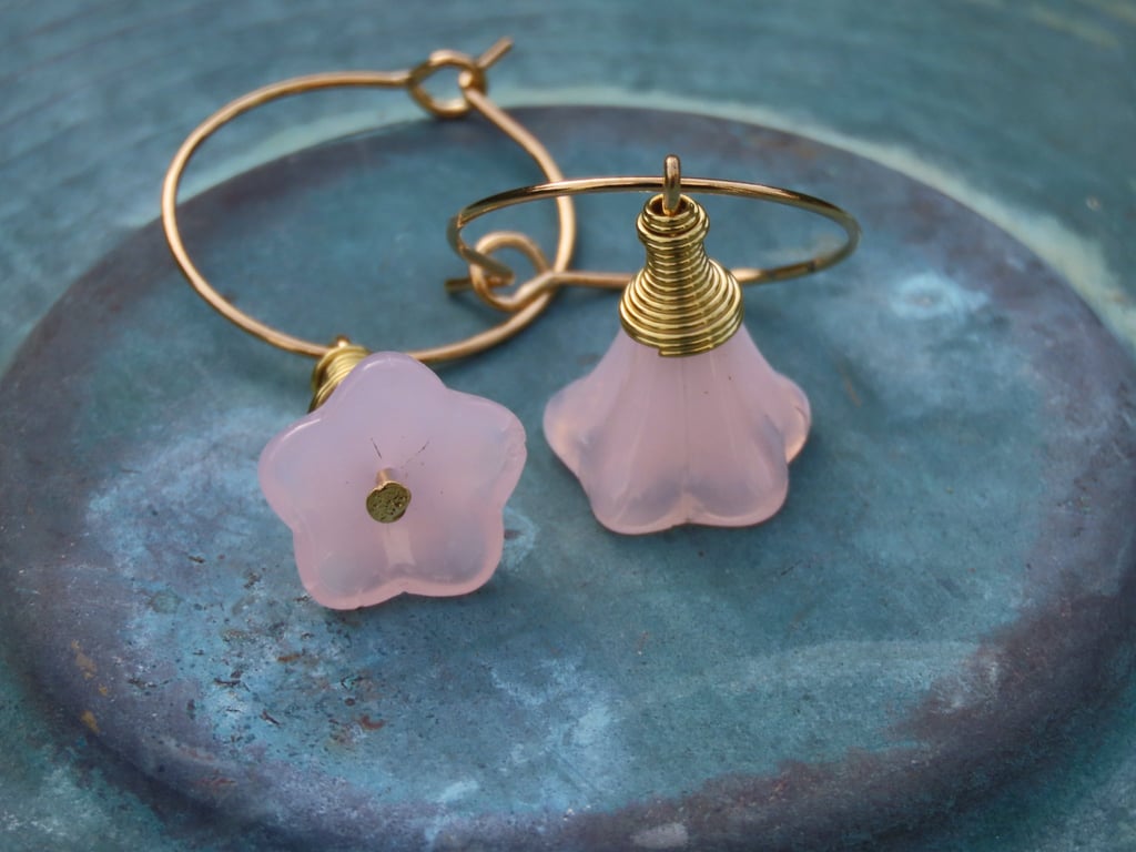 Pink Czech Glass Flowers Gold coil Gold Hoops Boho Drops Handmade Summer