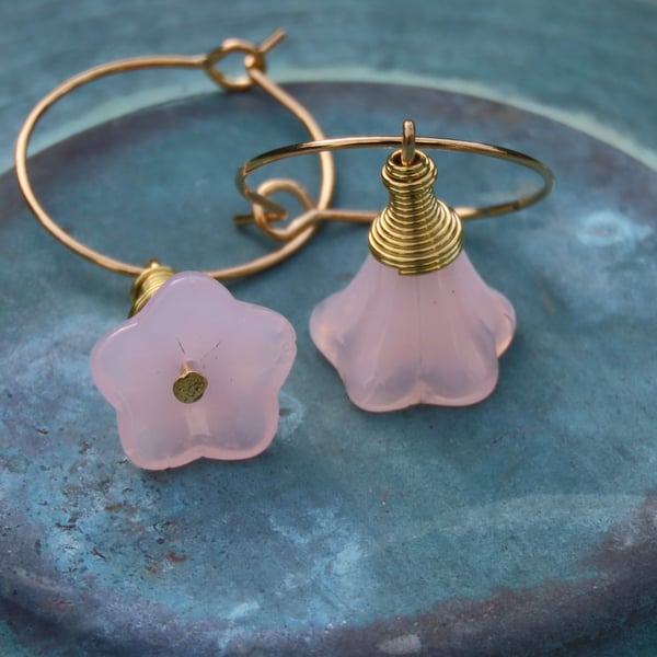 Pink Czech Glass Flowers Gold coil Gold Hoops Boho Drops Handmade Summer
