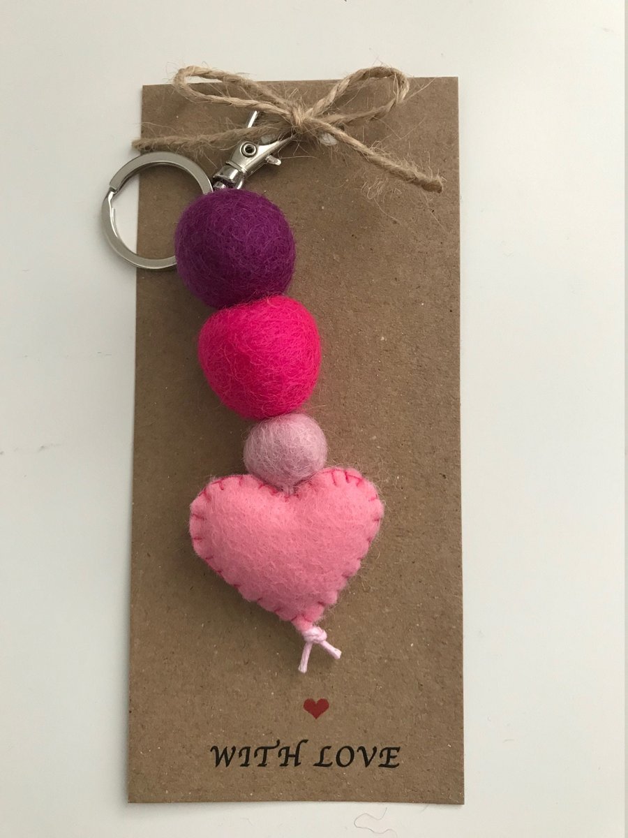 Heart and Pom Pom Keyring, Valentines Day Gifts, Stocking Fillers, Heart Felt Ke