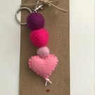 Heart and Pom Pom Keyring, Valentines Day Gifts, Stocking Fillers, Heart Felt Ke