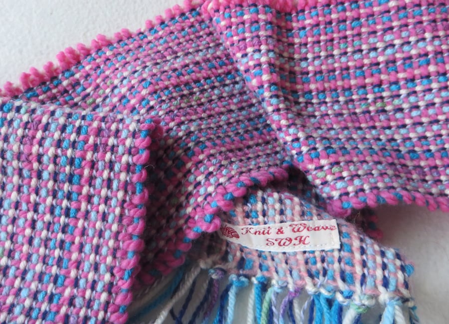 Hand Woven Scarf in Blue, Pink, Grey, with a little green, soft, fresh, wearable