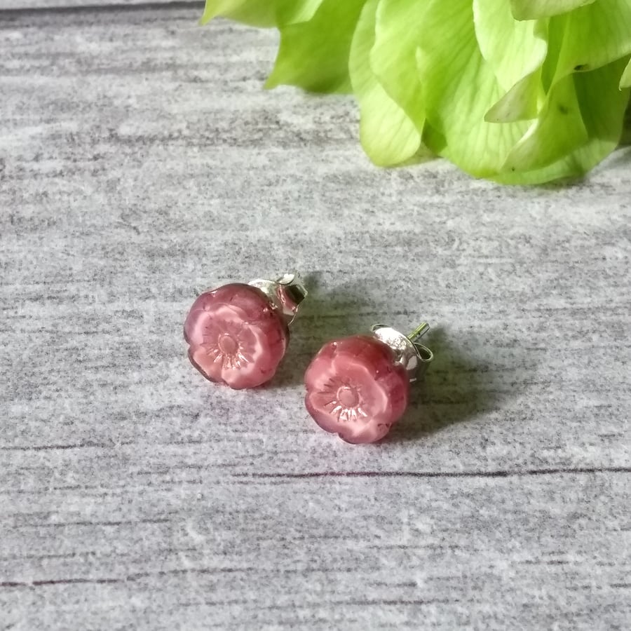 Flower Earrings - Vintage Rose Pink Earrings - Silver Earrings - Stud Earrings