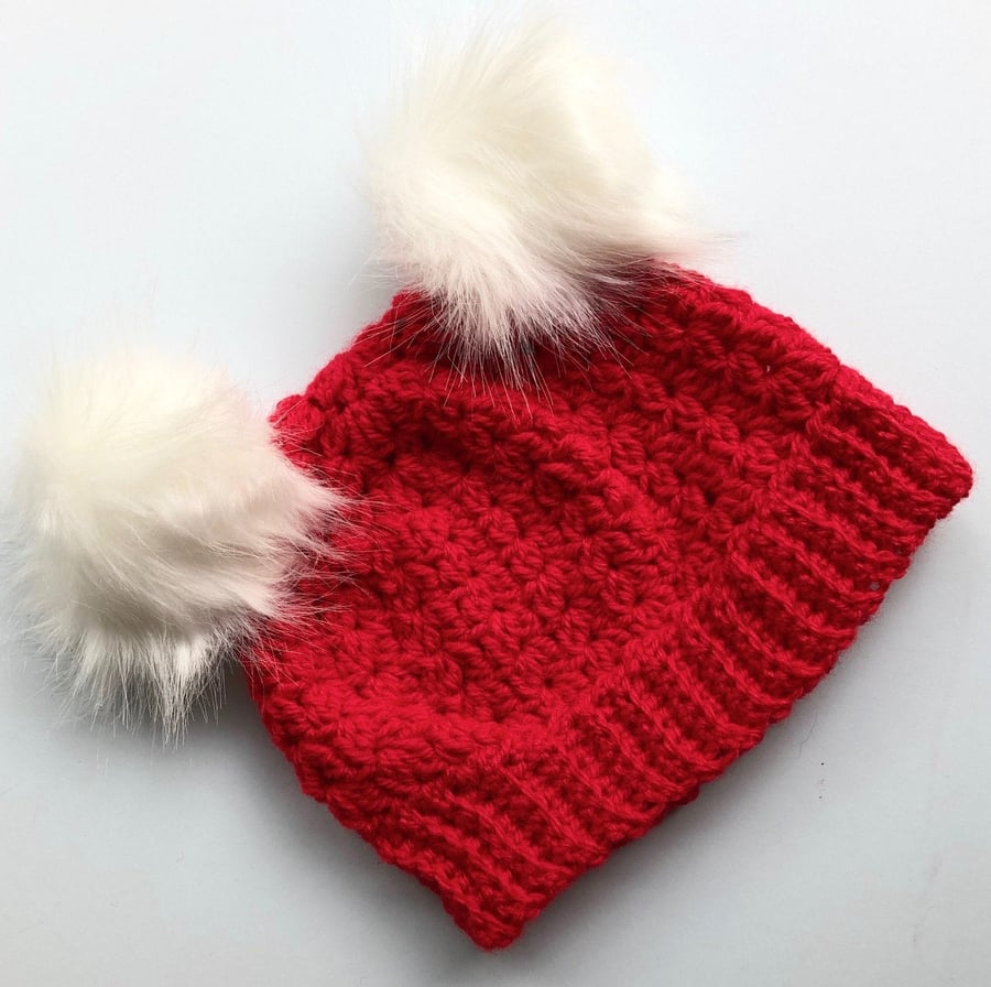 Double Pom Bobble Hat, Two Pom Poms, Warm Winter Hat, Crochet Knitted Hat