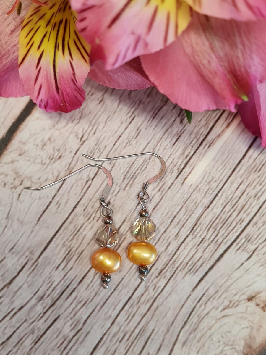 Sterling Silver Earrings Freshwater Pearl and Crystals