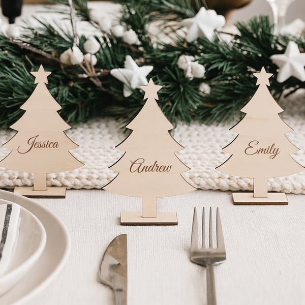 Personalised Wooden Christmas Tree Place Cards for Festive Table Settings