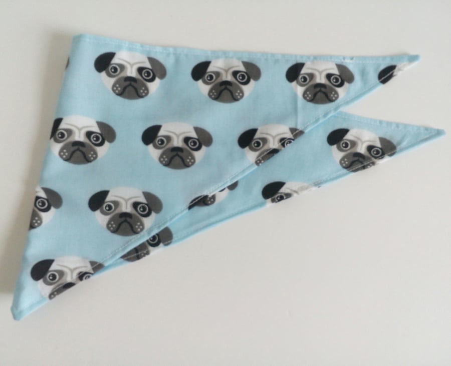 Dog Bandana, small size, 11"-15", Pug, dog, blue, neckerchief style, reversible