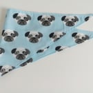 Dog Bandana, small size, 11"-15", Pug, dog, blue, neckerchief style, reversible