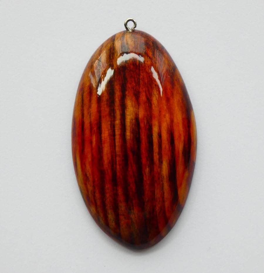 One of a Kind Wood Stained Red, Yellow and Black Wooden Oval Pendant Necklace