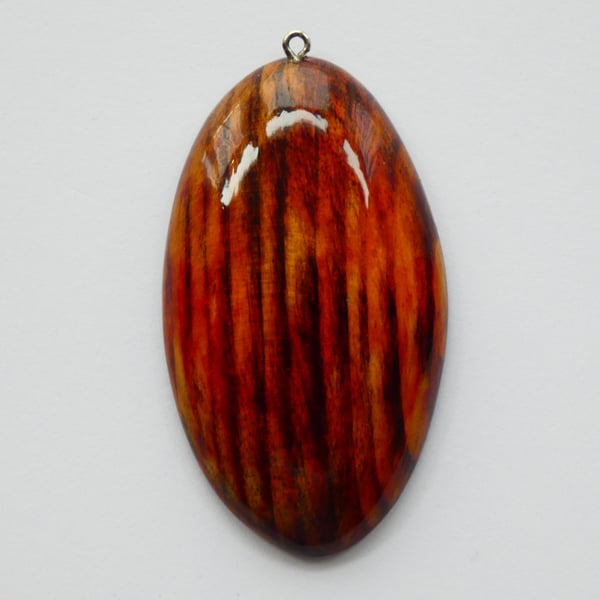 One of a Kind Wood Stained Red, Yellow and Black Wooden Oval Pendant Necklace