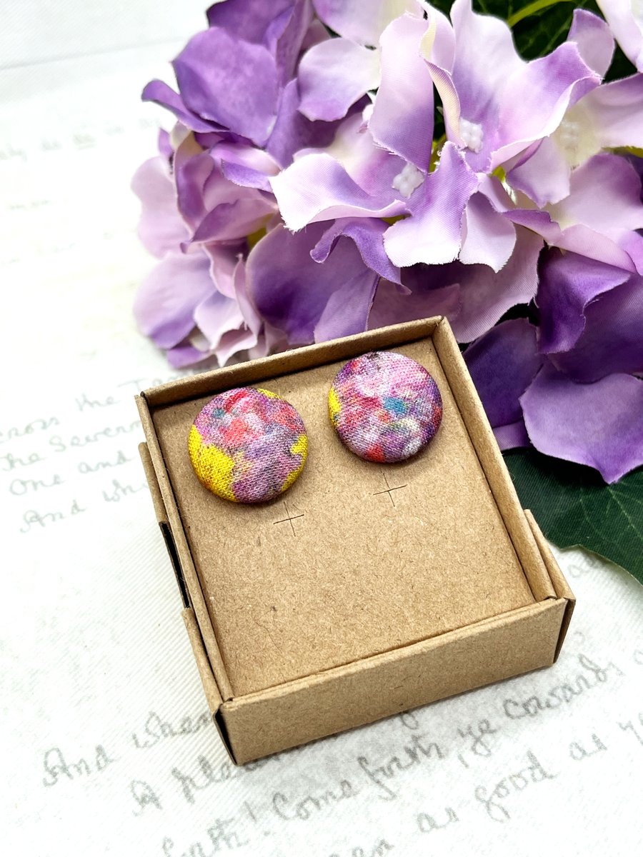 Pink flowers Monet inspired fabric button stud earrings
