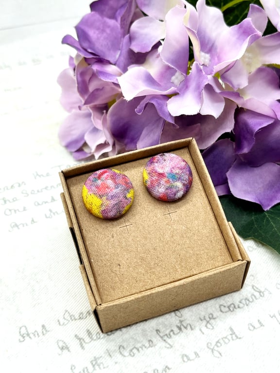 Pink flowers Monet inspired fabric button stud earrings