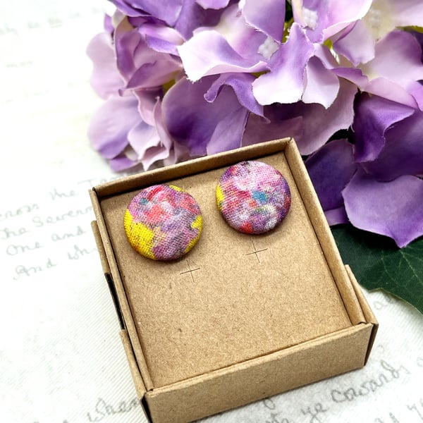 Perfectly Imperfect - Pink flowers Monet inspired fabric button stud earrings