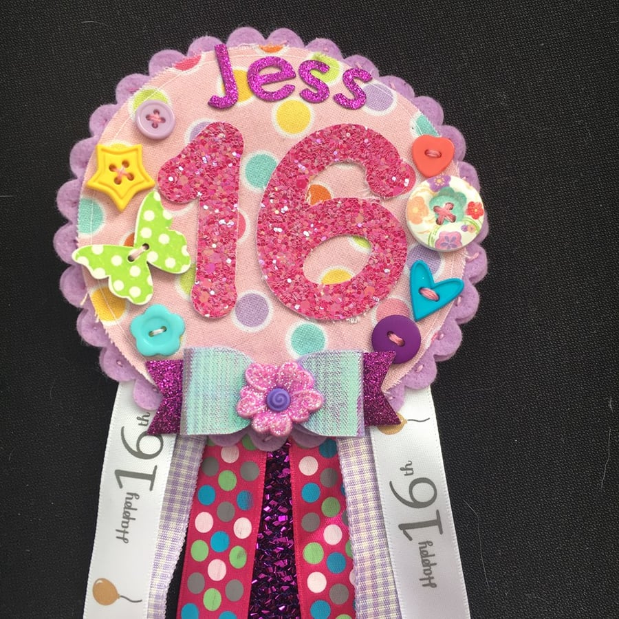 16th Birthday Age badge-Rosette Personalised - pretty
