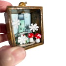 Miniature house textile art in wooden drawer box, 3D fabric wall hanging