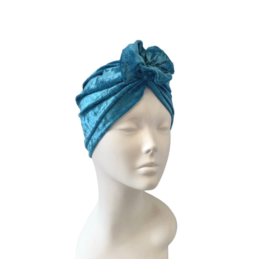 Velvet Turban Hat - Turquoise Blue Vintage Style Full Head Turban Wrap for Women