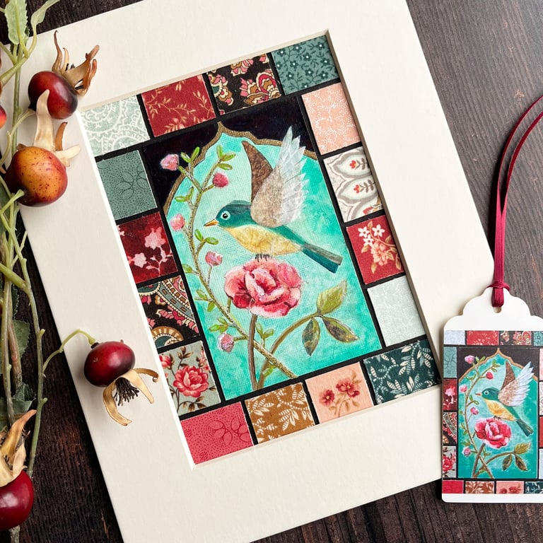 Mixed media birds and blooms artwork, gift for bird lover, bird painting