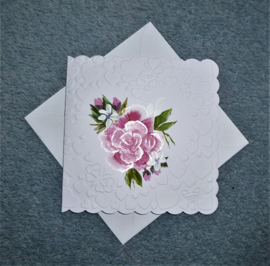 hand painted heart embossed floral card ( ref F373.R1 )