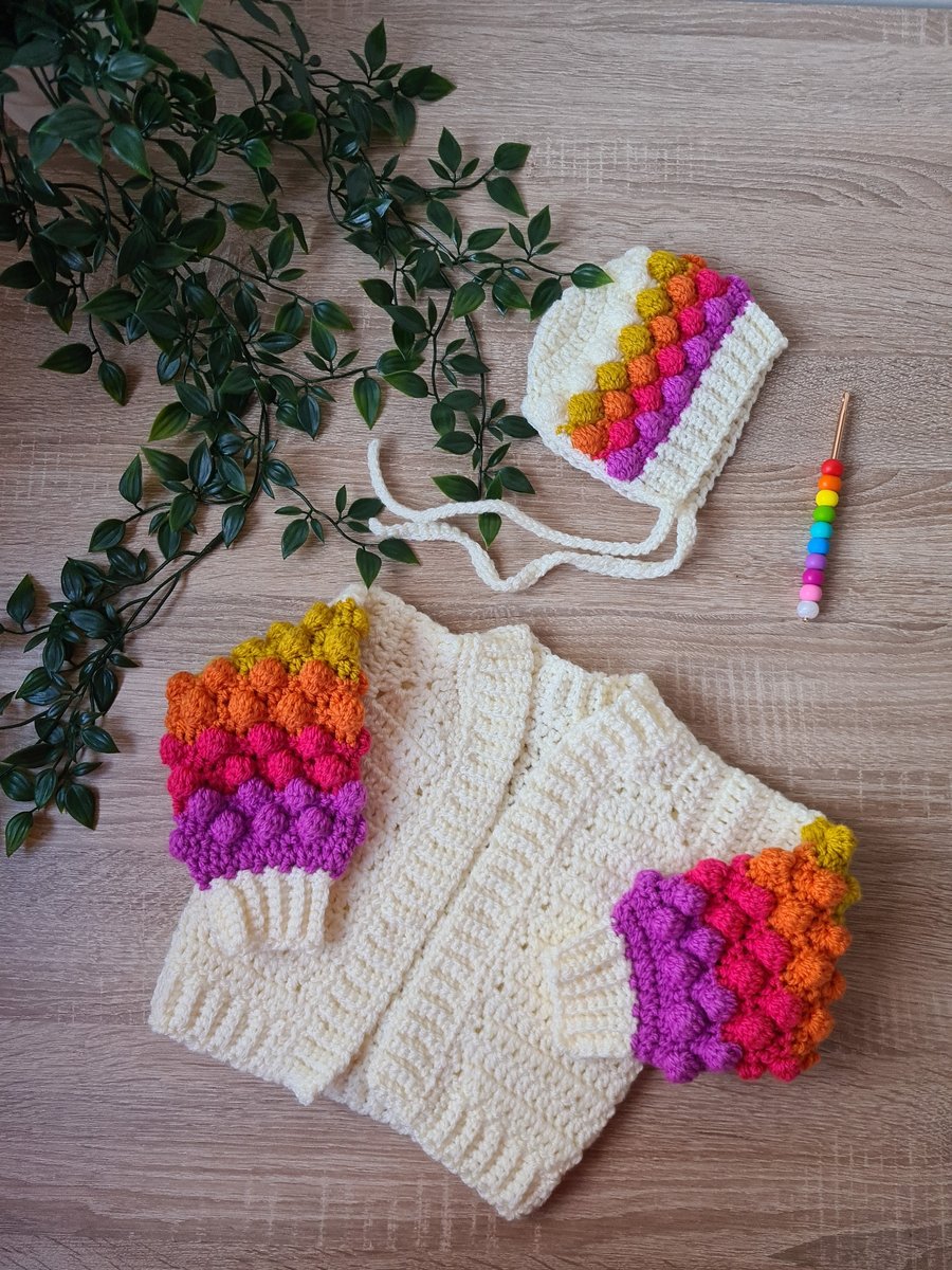 Mini Poet - Bobble Crochet Cardigan and Bonnet. 3-6 Months, Baby, Free Post