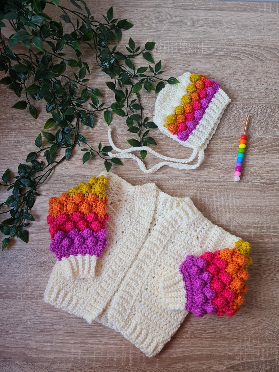 Mini Poet Bobble Crochet Cardigan and 3-6 Months, Baby, Free Post