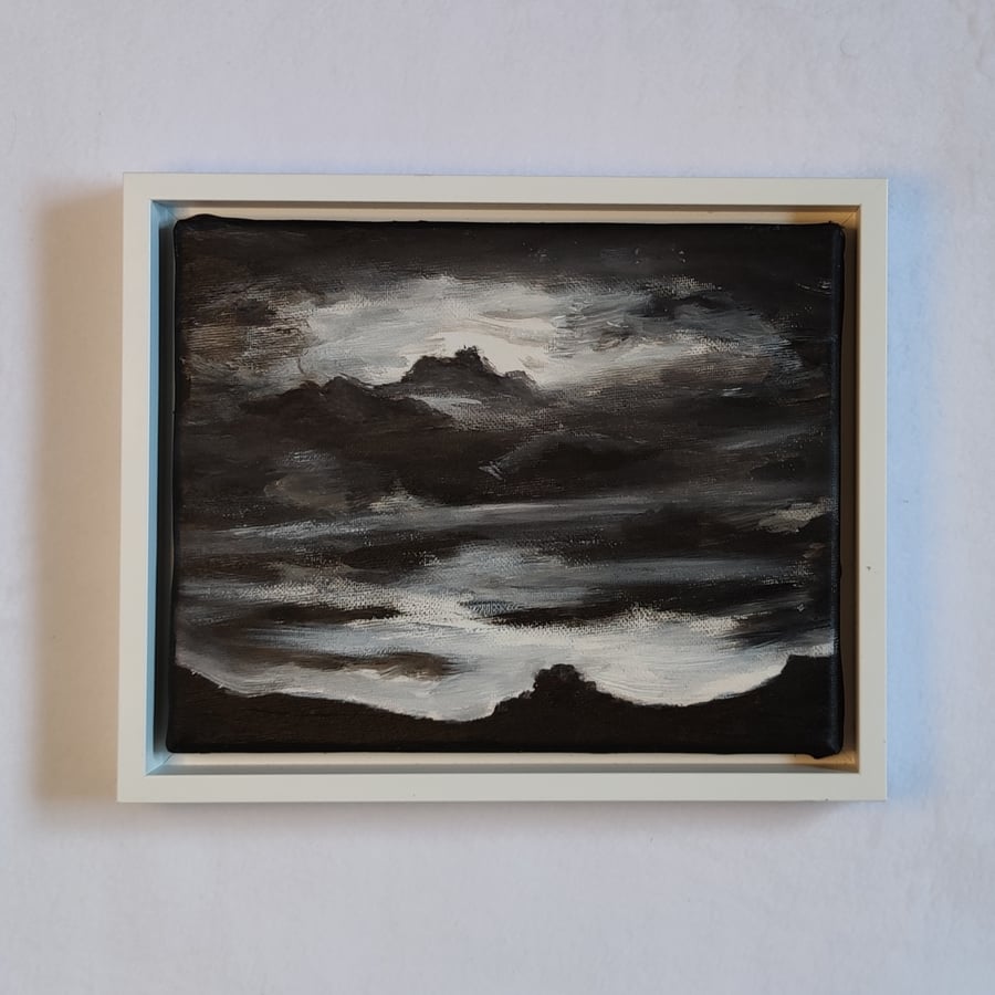 Kinder Scout, Moonlit Monochrome Landscape Painting, Framed Original