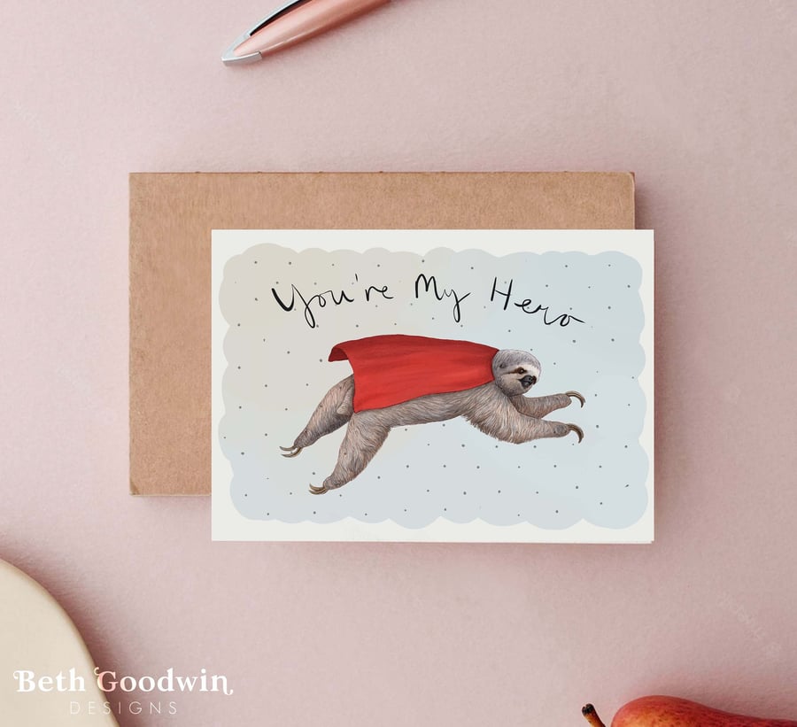 You're My Hero Sloth Father's Day Card - Funny Father's Day Superhero Card