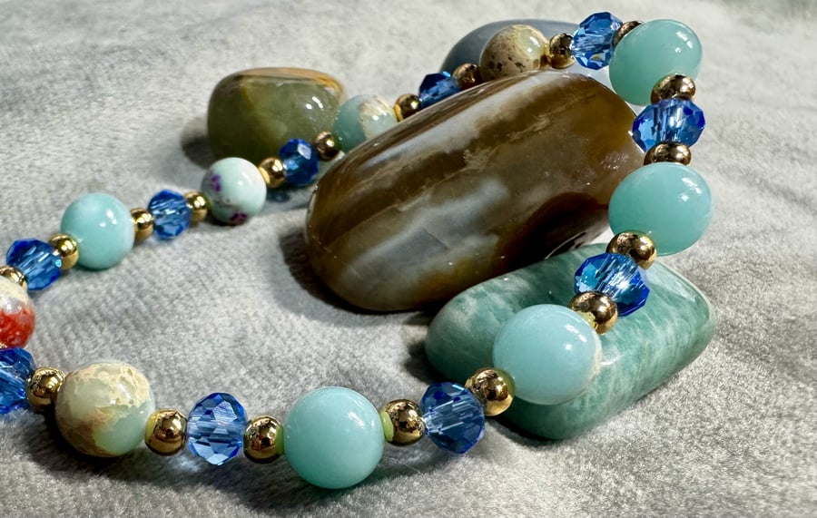 Blue imperial jasper and glass bead bracelet - elasticated 